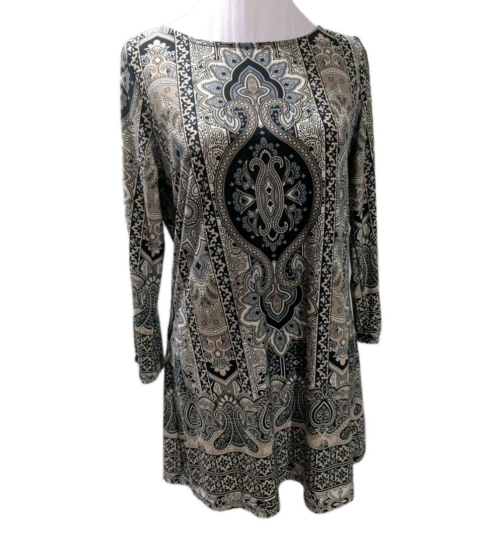 Roz & Ali Tunic Shirt Top Women's Size Small Damask Long Paisley Boho Geometric